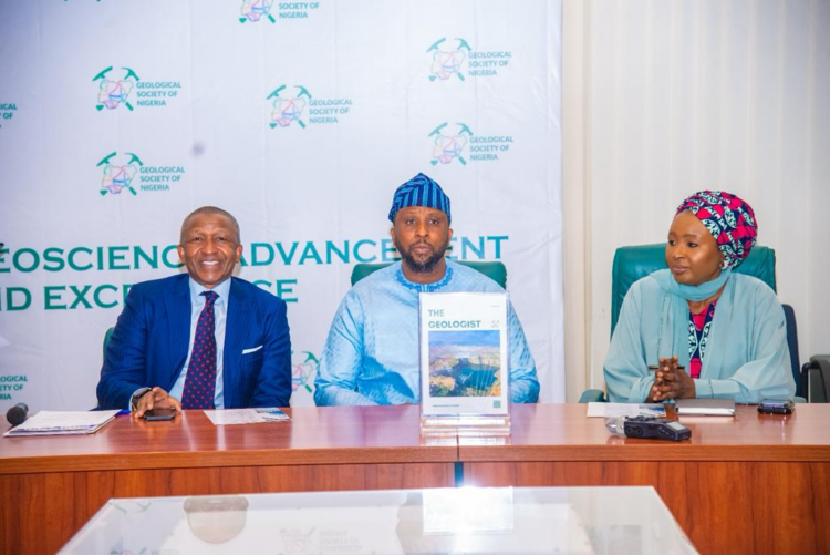 From Left: President, Geological Society of Nigeria (GSN), Mr. U. S. Malami, Chairman, House of Representatives Committee on Solid Minerals Development, Hon. Gaza Gbefwi, and the Executive Secretary/CEO of the Solid Minerals Development Fund (SMDF), Hajiya Fatimah Umaru Shinkafi, at the launch of the maiden edition of 'The Geologist,' a flagship magazine of the GSN, in Abuja, on Monday.
