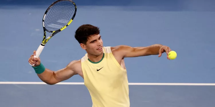 Tennis - Australian Open - Melbourne Park, Melbourne, Australia - January 16, 2024 Spain's Carlos Alcaraz reacts after winning his first round match against France's Richard Gasquet REUTERS/Ciro De Luca
