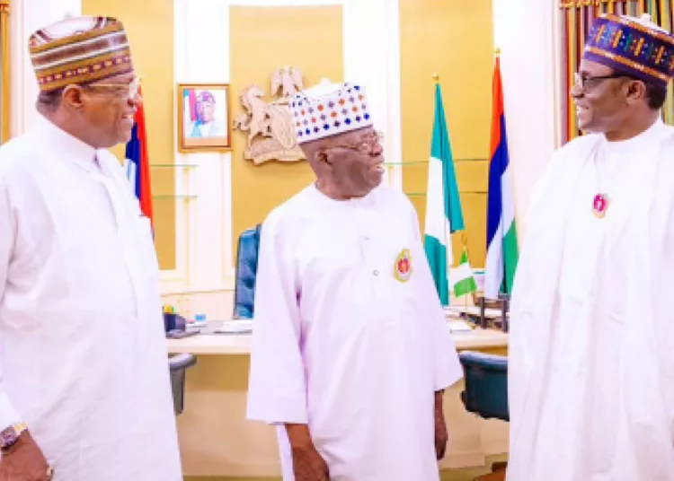 President Bola Ahmed Tinubu (middle); Yobe State Governor Mai Mala Buni (right), and minister of Police Affairs, Ibrahim Gaidam during a meeting at the Presidential Villa