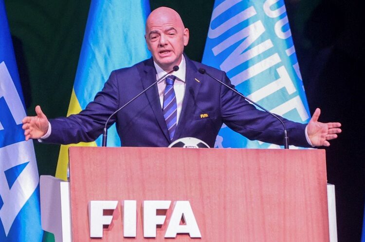 FIFA President Gianni Infantino addresses the 73rd FIFA Congress at the BK Arena in Kigali, Rwanda March 16, 2023. REUTERS/Jean Bizimana