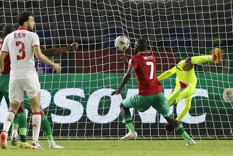 Soccer Football - Africa Cup of Nations - Group E - Tunisia v Namibia - Stade Amadou Gon Coulibaly, Korhogo, Ivory Coast - January 16, 2024  Namibia's Deon Hotto scores their first goal REUTERS/Luc Gnago