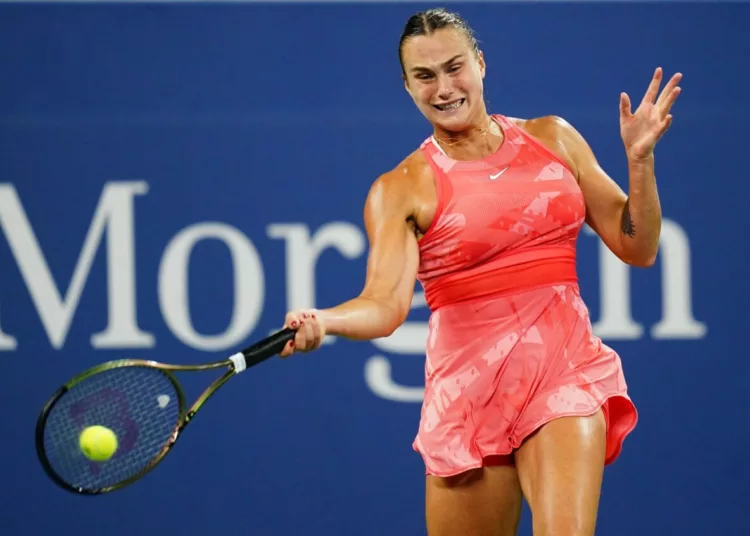 Aug 29, 2023; Flushing, NY, USA; Aryna Sabalenka in action against Maryna Zanevska of Belgium on day two of the 2023 U.S. Open tennis tournament at the USTA Billie Jean King National Tennis Center. Mandatory Credit: Jerry Lai-USA TODAY Sports