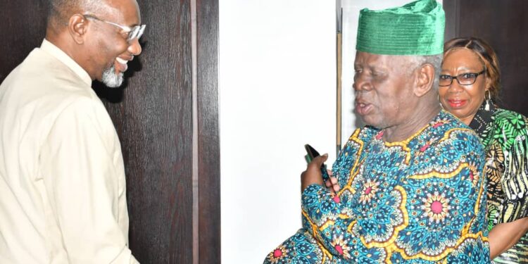 l-r: Rector, Yaba College of Technology, Dr Engr Abdul Ibraheem in hand shake with Chief Babatunde Fanimokun, a Nigerian Philanthropist and developmental economist during the college visit to him
