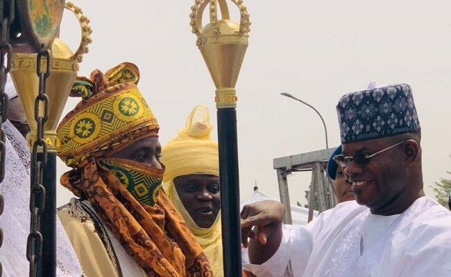 Maigari Of Lokoja, Maiyaki Of Kupa Get Staffs Of Office 1 Yahaya Bello Presents Staff to New Maigari Lokoja 2 650x400 1