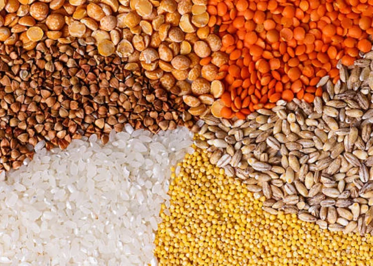 Twisted cereals: pea lentil wheat millet rice buckwheat closeup macro