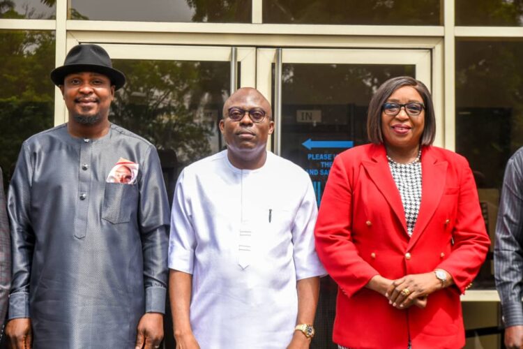 Rivers State governor, Siminalayi Fubara, flanked by his deputy, Professor Ngozi Odu (right) and the new Chief of Staff, Rt. Hon. Edison Ehie (left), at the Government House, Port Harcourt, on Monday.