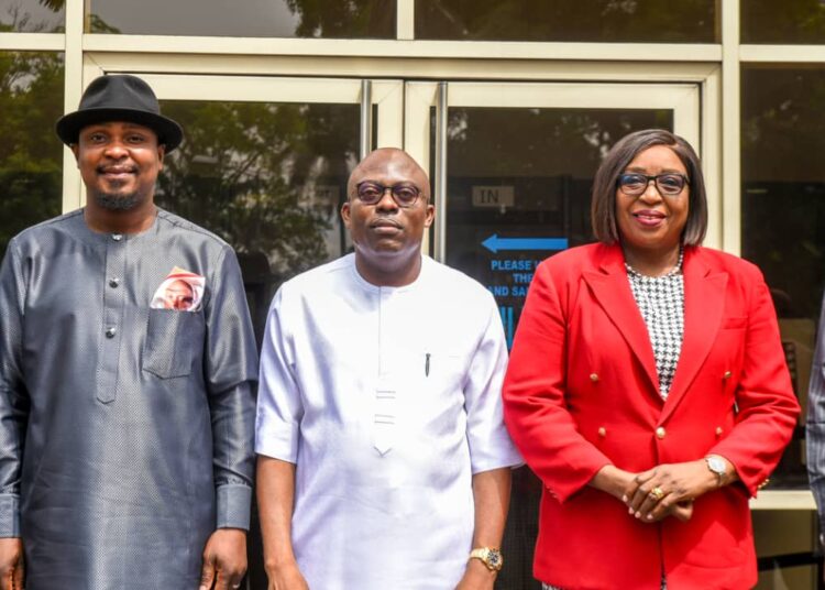 Rivers State governor, Siminalayi Fubara, flanked by his deputy, Professor Ngozi Odu (right) and the new Chief of Staff, Rt. Hon. Edison Ehie (left), at the Government House, Port Harcourt, on Monday.