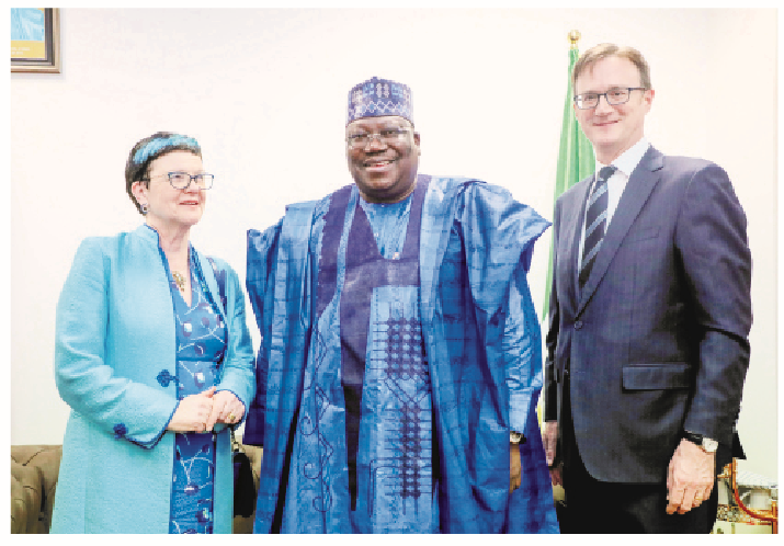 UK Strengthening African Stability, Security With Over £300m 1 L-R Minister of state in the UK Cabinet Office, Baroness Lucy Neville-Rolfe; chairman, Senate Committee on Defence, Senator Ahmad Lawan, and the British High Commissioner to Nigeria, Dr Richard Montgomery at the National Assembly in Abuja.