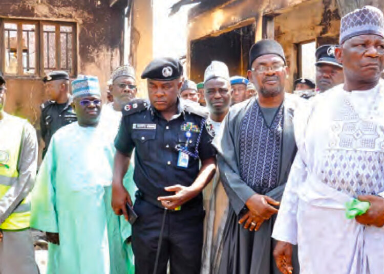 Gombe State Deputy Governor, Manassah Daniel Jatau leading government delegation to
inspect the scene of fire incident at the 34-Mobile Police Barrack in Gombe