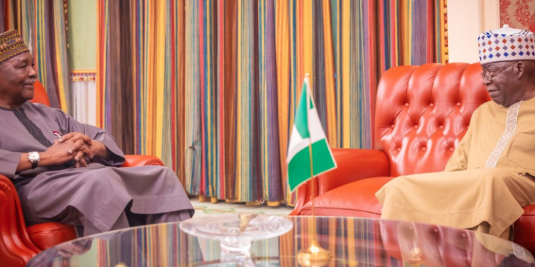 President Bola  Ahmed
Tinubu and former
Head of State, Gen
Yakubu Gowon
during a visit to the
Presidential Villa
Abuja, yesterday. PHOTO BY REMI
AKUNLEYAN