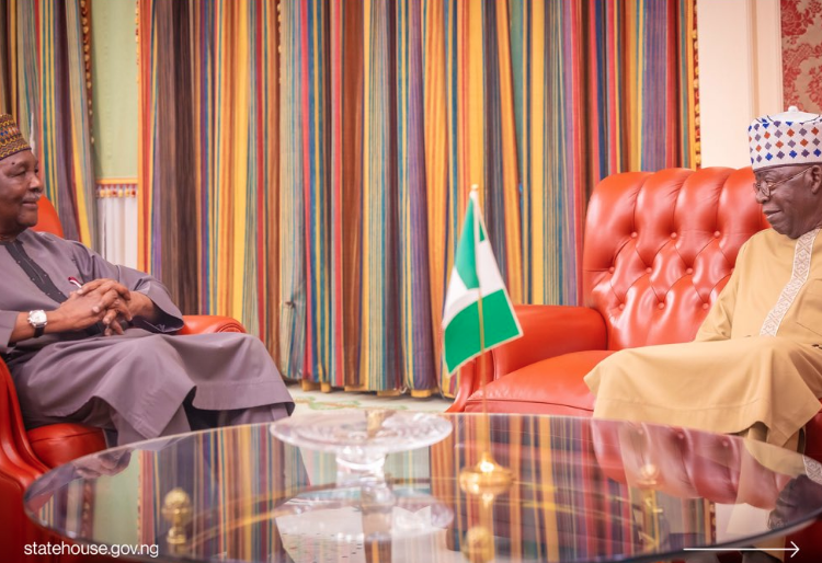 President Bola  Ahmed
Tinubu and former
Head of State, Gen
Yakubu Gowon
during a visit to the
Presidential Villa
Abuja, yesterday. PHOTO BY REMI
AKUNLEYAN