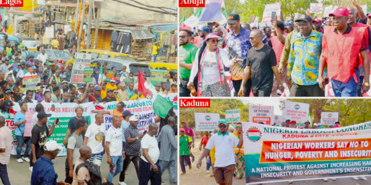 Members of the  Nigerian Labour Congress (NLC) led by the president, Comrade Joe Ajaero (middle) protesting against the hardship in the country,  yesterday. PHOTO BY IBRAHIM MOHAMMED AND KOLAWOLE ALIU