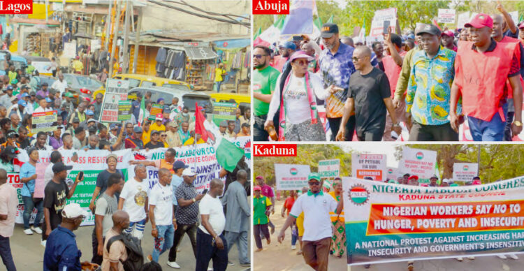 Members of the  Nigerian Labour Congress (NLC) led by the president, Comrade Joe Ajaero (middle) protesting against the hardship in the country,  yesterday. PHOTO BY IBRAHIM MOHAMMED AND KOLAWOLE ALIU