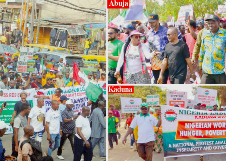 Members of the  Nigerian Labour Congress (NLC) led by the president, Comrade Joe Ajaero (middle) protesting against the hardship in the country,  yesterday. PHOTO BY IBRAHIM MOHAMMED AND KOLAWOLE ALIU