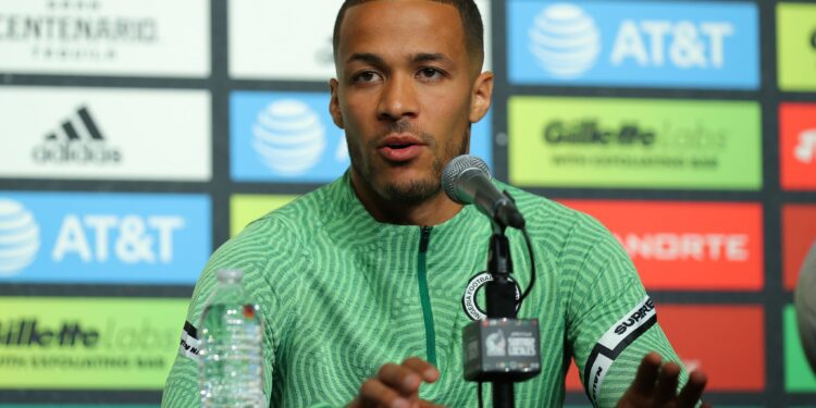 ARLINGTON, TX - MAY 27: Captain of Nigeria William Troost-Ekong speaks during press conference ahead of a match between Mexico and Nigeria at AT&T Stadium on May 27, 2022 in Arlington, Texas. (Photo by Omar Vega/Getty Images)