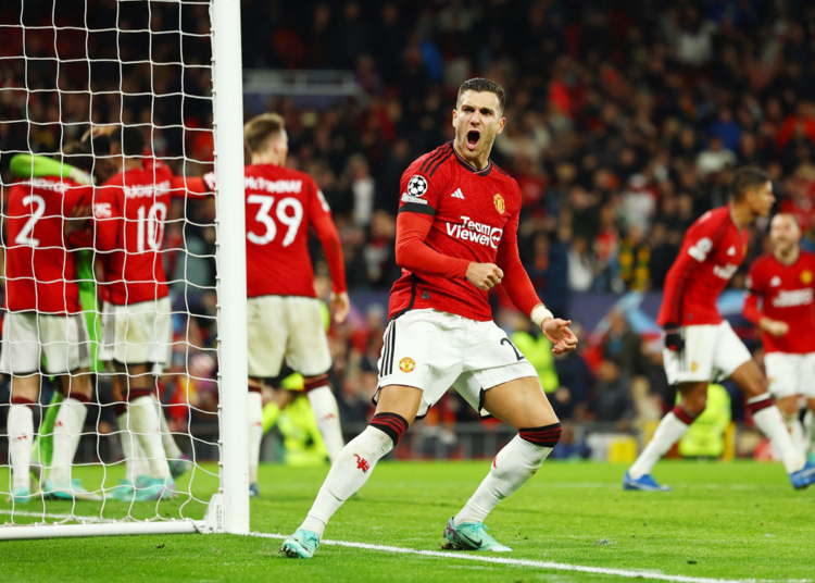 Rangers Face Man Utd, Tottenham In Europa League 1 Soccer Football - Champions League - Group A - Manchester United v FC Copenhagen - Old Trafford, Manchester, Britain - October 24, 2023 Manchester United's Diogo Dalot celebrates after Andre Onana saved a penalty missed by FC Copenhagen's Jordan Larsson REUTERS/Molly Darlington