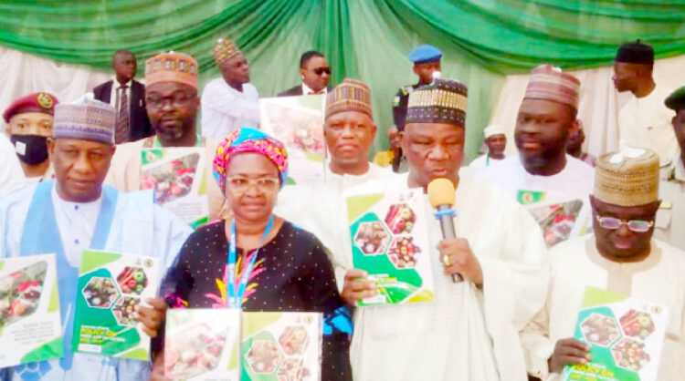 Gombe State deputy governor, Manassah Daniel Jatau ( 2nd right) leading other officials to launch the Gombe State 5- year multi sectoral action on nutrition
