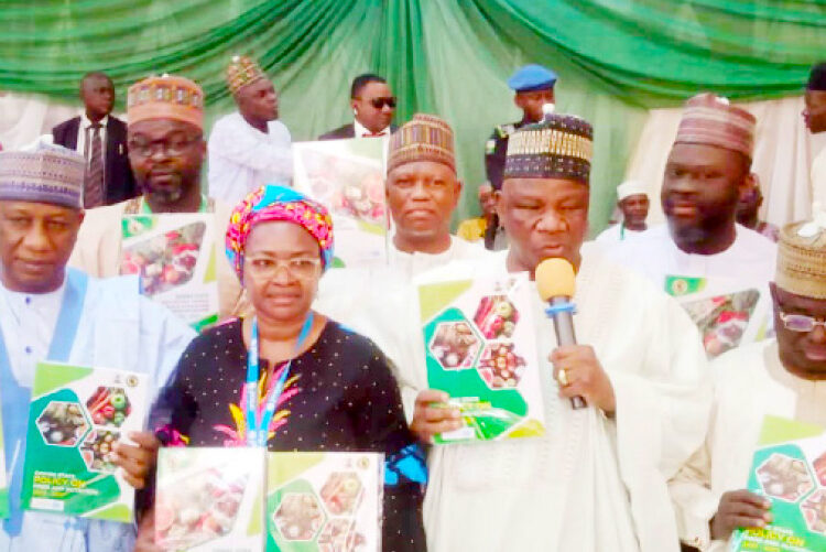 Gombe State deputy governor, Manassah Daniel Jatau ( 2nd right) leading other officials to launch the Gombe State 5- year multi sectoral action on nutrition