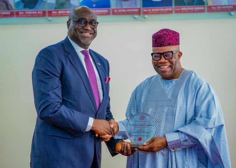 L-R: NBA President Yakubu Maikyau, SAN, and Senate President Godswill Akpabio, during the visit to the latter, on Thursday.
