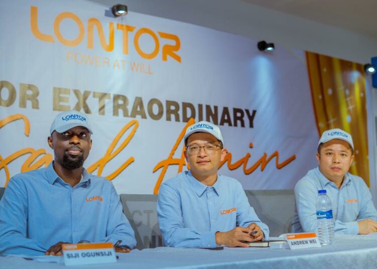 From left, General Manager, Siji Ogunsiji; Managing Director, Andrew Wei and  Deputy Managing Director, Eason Cai all of Lontor Hitech  Development Company Limited  at the unveiling of  Lontor new product and Dealers Conference  held  in Lagos on Friday. Photo;