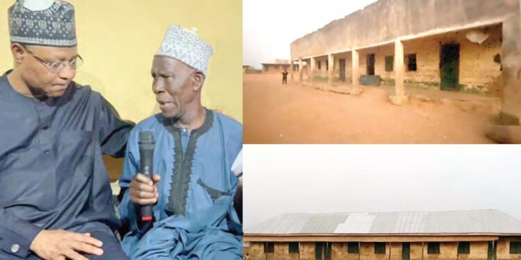 L-R: Kaduna State Governor Uba Sani listening to one of the teachers , Sani Abdullahi explaining how bandits invaded the joint primary and secondary school in Kuriga community in Chikun LGA and whisked the schoolchildren away, yesterday.