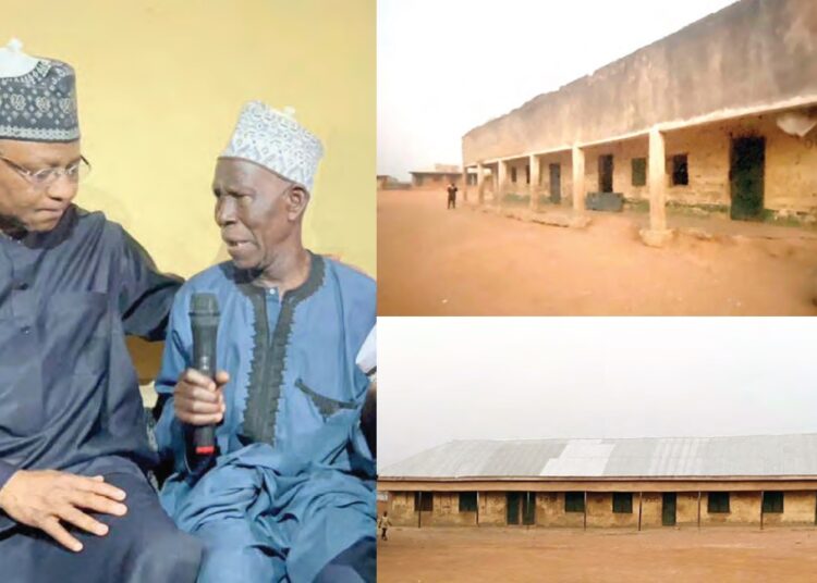 L-R: Kaduna State Governor Uba Sani listening to one of the teachers , Sani Abdullahi explaining how bandits invaded the joint primary and secondary school in Kuriga community in Chikun LGA and whisked the schoolchildren away, yesterday.