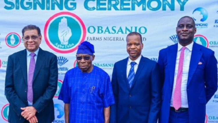 From Left to Right: Global Chief Operations Officer Danone; Mr. Vikram Agarwal, Former President  and Chairman of Obasanjo Farms Limited, Chief Olusegun Obasanjo, Managing Director of Fan Milk PLC, Mr. Kayode Adebiyi, and Director, Legal and Public Affairs, and General Secretary Fan Milk PLC, Olakunle Olusanya, at the signing ceremony between Fan Milk- Danone and Obasanjo Farms.