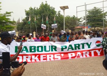 BREAKING: NLC Members Picket LP Headquarters, Demand Abure’s Sack