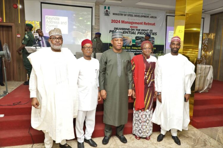 Photo Speak: Middle; Prince Shuaibu Abubakar Audu, Honorable Minister of Steel Development, far right; H. E, Uba Maigari Ahmadu; Hon. Minister of State; immediate Right, Sen. Patrick Ndubueze, Chairman Senate Committee on Steel Development; Left,  Permanent Secretary of the Ministry of Steel Development, Dr. Mary Ogbe with Rep. of the Chairman, House Committee on Steel Development,  Deputy Chairman House Committee on Steel Development, Hon. Yusuf Umar Datti, at the Opening Ceremony of the 2024 Ministerial Management Retreat held at the K-Class Hotel, Abuja on the 21st March, 2024.