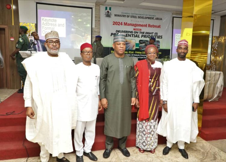 Photo Speak: Middle; Prince Shuaibu Abubakar Audu, Honorable Minister of Steel Development, far right; H. E, Uba Maigari Ahmadu; Hon. Minister of State; immediate Right, Sen. Patrick Ndubueze, Chairman Senate Committee on Steel Development; Left,  Permanent Secretary of the Ministry of Steel Development, Dr. Mary Ogbe with Rep. of the Chairman, House Committee on Steel Development,  Deputy Chairman House Committee on Steel Development, Hon. Yusuf Umar Datti, at the Opening Ceremony of the 2024 Ministerial Management Retreat held at the K-Class Hotel, Abuja on the 21st March, 2024.