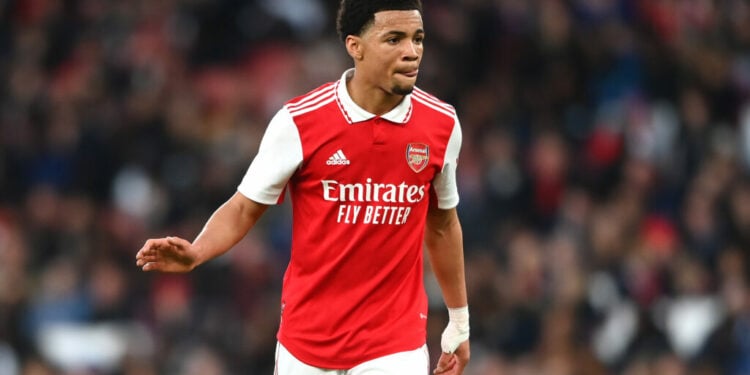 LONDON, ENGLAND - APRIL 04: Ethan Nwaneri of Arsenal  during the FA Youth Cup Semi-Final match between Arsenal U18 and Manchester City U18 at Emirates Stadium on April 04, 2023 in London, England. (Photo by Alex Davidson/Getty Images)