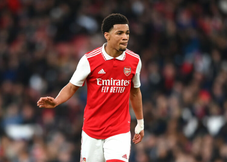 LONDON, ENGLAND - APRIL 04: Ethan Nwaneri of Arsenal  during the FA Youth Cup Semi-Final match between Arsenal U18 and Manchester City U18 at Emirates Stadium on April 04, 2023 in London, England. (Photo by Alex Davidson/Getty Images)