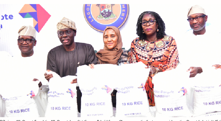 L-R: Chairman, Aliko Dangote Foundation, Aliko Dangote; Lagos State Governor Babajide Sanwo-Olu; group executive director, commercial operations, Dangote Industries Ltd, Fatima Aliko Dangote; MD/CEO, Aliko Dangote Foundation, Zouera Youssoufou, and chairman, Geregu Power Plc, Femi Otedola during the Lagos flag-off of Aliko Dangote Foundation National Food Intervention Programme in Lagos, yesterday.PHOTO BY KOLAWOLE ALIU