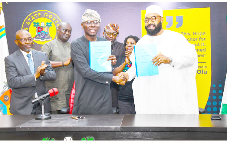 L-R: Lagos State Attorney General AND Commissioner for Justice, Lawal Pedro, SAN; Lagos State Governor Babajide Sanwo-Olu, and Niger State Governor Mohammed Bago during the signing of MoU on Agriculture, at the Lagos House, Marina, Behind are: Commissioners, Hon. Olanrewaju Layode (Home Affairs); Ope George (Economic Planning & Budget) and Ms. Abisola Olusanya (Agriculture). PHOTO BY KOLAWOLE ALIU