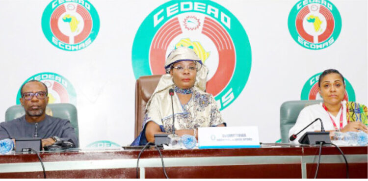 Commissioner, Department of Human Development and Social Affairs, ECOWAS Commission, Professor Fatou Sow Sarr (centre) during a press conference in Abuja on Friday.