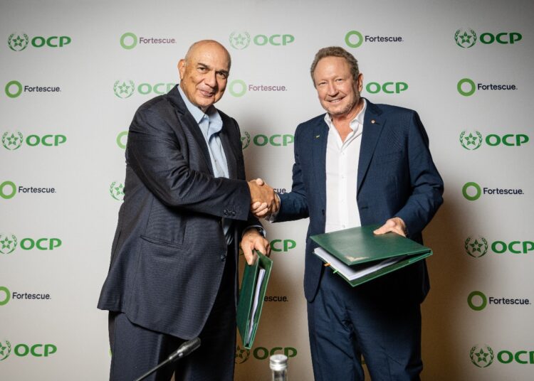 L-R: Chairman and CEO of OCP Group, Mr Mostafa Terrab and Fortescue Executive Chair and Founder, Dr. Andrew Forrest AO, at the JV agreement signing.