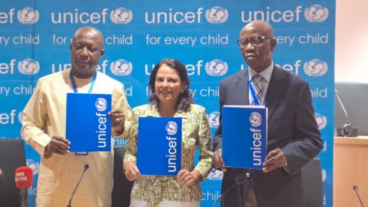 L-R: President of NGE, Eze Anaba; UNICEF's Representative in Nigeria, Cristian Munduate, and Trustee, Diamond Awards for Media  Excellence (DAME), Lanre Idowu, during the signing of Memorandum of Understanding (MoU) to boost Children's Rights at the UN House in Abuja, on Friday.
