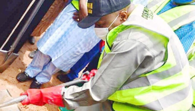 Leading by Example: Governor Inuwa Yahaya during a previous desilting of storm drainages in Gombe