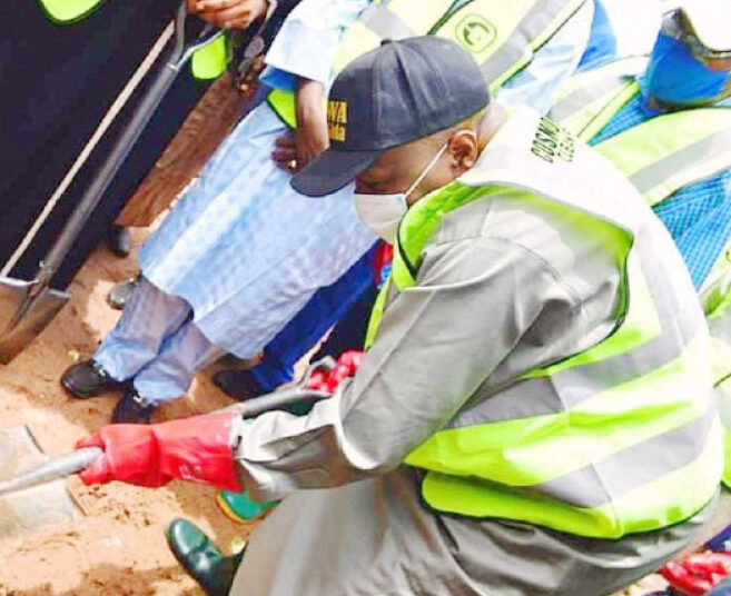 Leading by Example: Governor Inuwa Yahaya during a previous desilting of storm drainages in Gombe