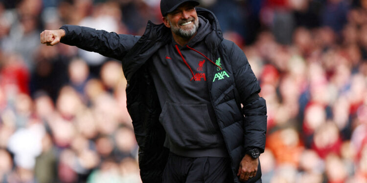 FILE PHOTO: Soccer Football - Premier League - Liverpool v Brighton & Hove Albion - Anfield, Liverpool, Britain - March 31, 2024 Liverpool manager Juergen Klopp celebrates after the match REUTERS/Molly Darlington/File Photo