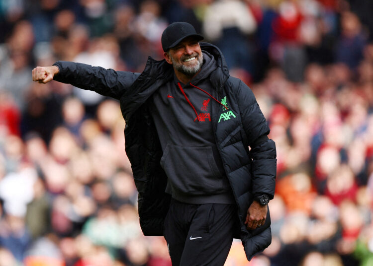 FILE PHOTO: Soccer Football - Premier League - Liverpool v Brighton & Hove Albion - Anfield, Liverpool, Britain - March 31, 2024 Liverpool manager Juergen Klopp celebrates after the match REUTERS/Molly Darlington/File Photo