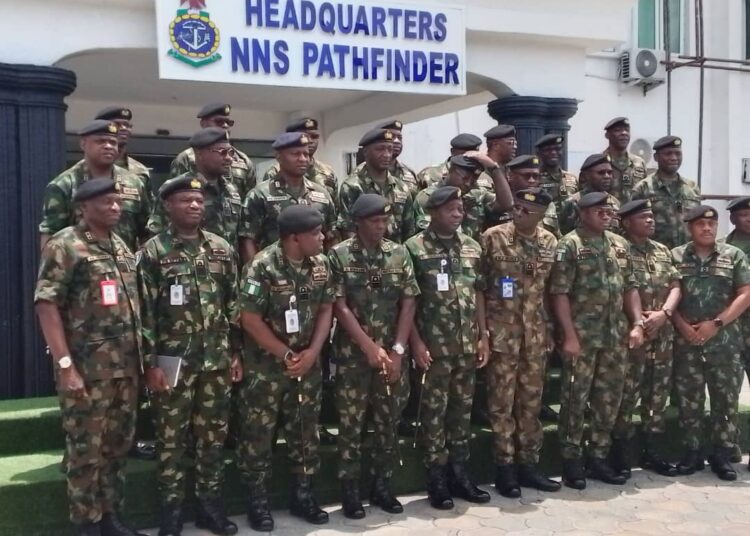 The Chief of Naval Staff, Vice Admiral Emmanuel Ogalla (front row centre) and other senior officers of the Nigerian Navy, in a group photograph during his visit to Nigerian Navy Ship (NNS) Pathfinder in Port Harcourt, Rivers State.