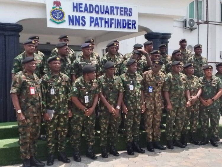 The Chief of Naval Staff, Vice Admiral Emmanuel Ogalla (front row centre) and other senior officers of the Nigerian Navy, in a group photograph during his visit to Nigerian Navy Ship (NNS) Pathfinder in Port Harcourt, Rivers State.