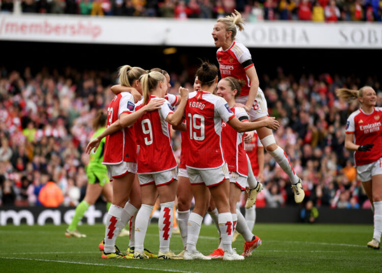 LONDON, ENGLAND - APRIL 21: Beth Mead of Arsenal celebrates scoring her team's third goal with teammates during the Barclays Women's Super League match between Arsenal FC and Leicester City at Emirates Stadium on April 21, 2024 in London, England. (Photo by Alex Burstow/Arsenal FC via Getty Images)