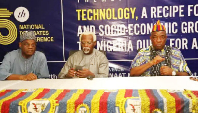 L-R: Executive secretary, TETFund, Arc. Sonny Echono; chairman/CEO National Salaries, Income and Wages Commission (NSIWC), Ekpo Nta, Esq, and president, National Association of Academic Technologists (NAAT), Comrade Ibeji Nwokoma, at the 5th NAAT national delegates conference at the University of Abuja, recently