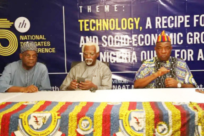 L-R: Executive secretary, TETFund, Arc. Sonny Echono; chairman/CEO National Salaries, Income and Wages Commission (NSIWC), Ekpo Nta, Esq, and president, National Association of Academic Technologists (NAAT), Comrade Ibeji Nwokoma, at the 5th NAAT national delegates conference at the University of Abuja, recently
