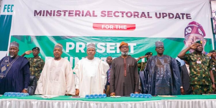 Minister of Solid Minerals Development, Dr Dele Alake (3rd from right) during ministerial sectoral briefing in Abuja, on Thursday.