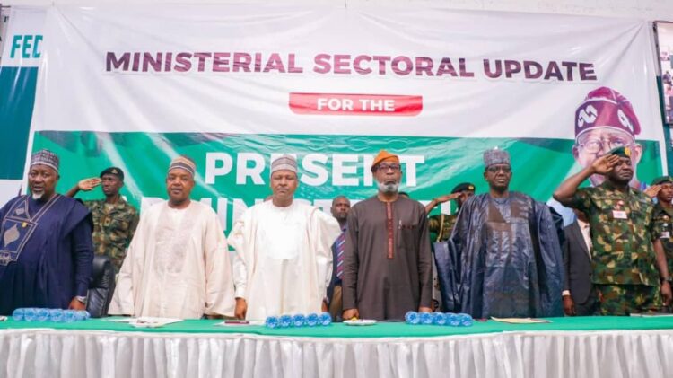 Minister of Solid Minerals Development, Dr Dele Alake (3rd from right) during ministerial sectoral briefing in Abuja, on Thursday.