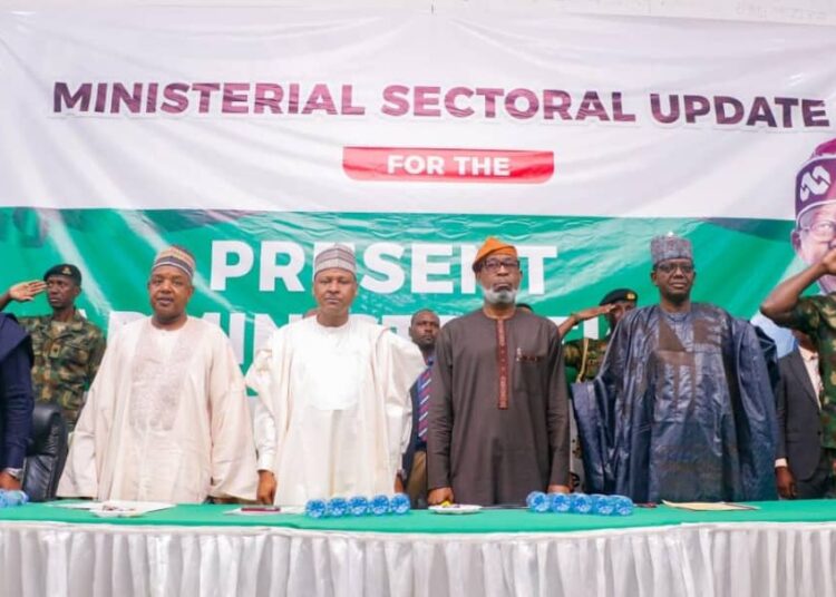 Minister of Solid Minerals Development, Dr Dele Alake (3rd from right) during ministerial sectoral briefing in Abuja, on Thursday.