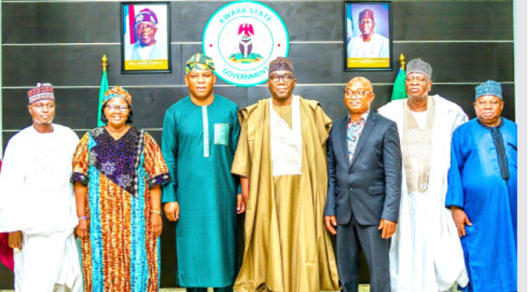 L-R: Commissioner for Budget and Planning, Hon. Aliyu Sabi; commissioner forTertiary Education, Hon. Dr Mary Arinde; minister  of Steel Development,  Shuaib Abubakar Audu; Kwara State Governor AbdulRahman AbdulRazaq;  Dr  Kamoru  Yusuf;  chief of  staff, Mahe Abdulkadir, and senior adviser / Counselor, Saadu Salahu during a courtesy visit by the minister to Government House, Ilorin,  on Tuesday. PHOTO: ABDULLAHI OLESIN